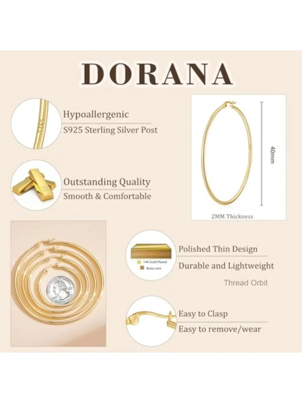 2mm Thin 14K Gold Plated S925 Sterling Silver Hoop Earrings Hypoallergenic Big